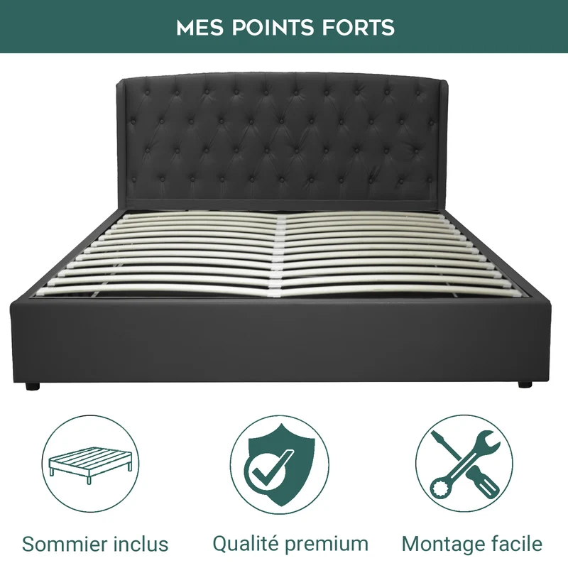 Lit coffre sommier relevable Monceau capitonné chic : simili cuir et sommier à lattes en bois flexibles