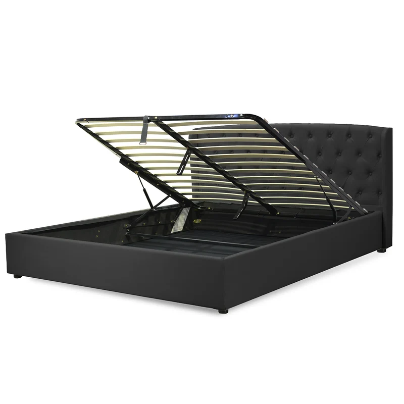 Lit coffre sommier relevable Monceau capitonné chic : simili cuir et sommier à lattes en bois flexibles