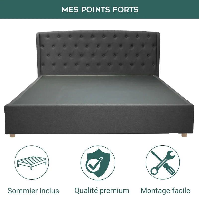 Lit capitonné Clémentine : simili cuir et sommier à lattes en bois