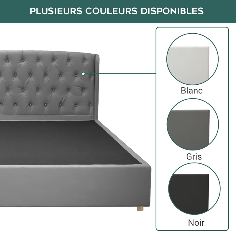 Lit capitonné Clémentine : simili cuir et sommier à lattes en bois