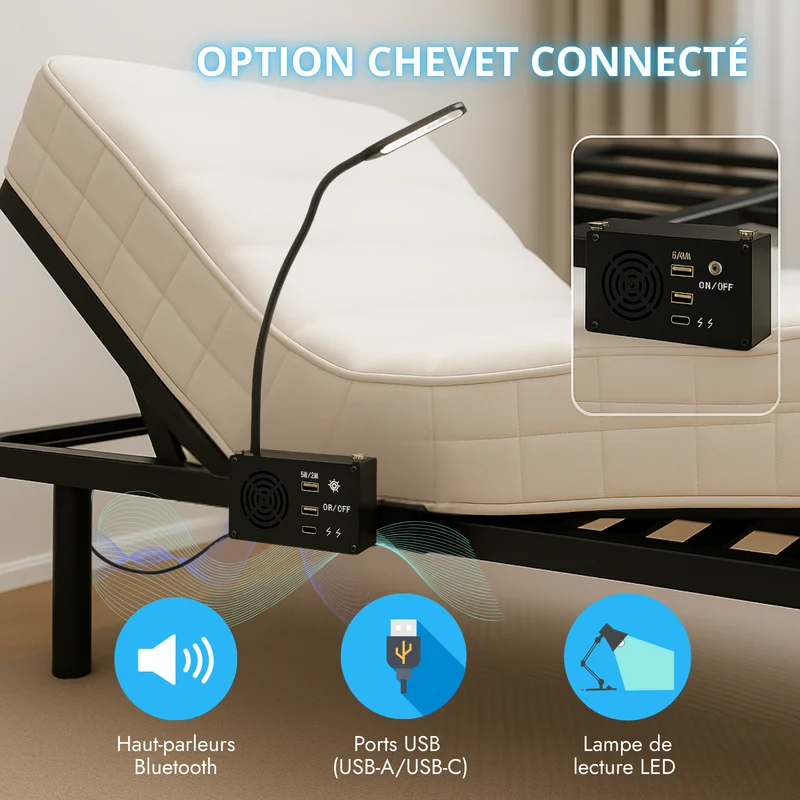 Chevet connecté avec USB, enceinte et lumière