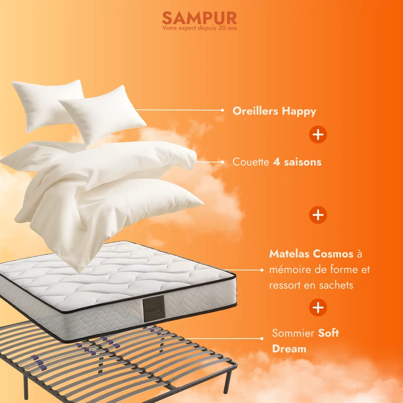 Pack Rentrée : Sommier + Matelas + Couette + Oreiller