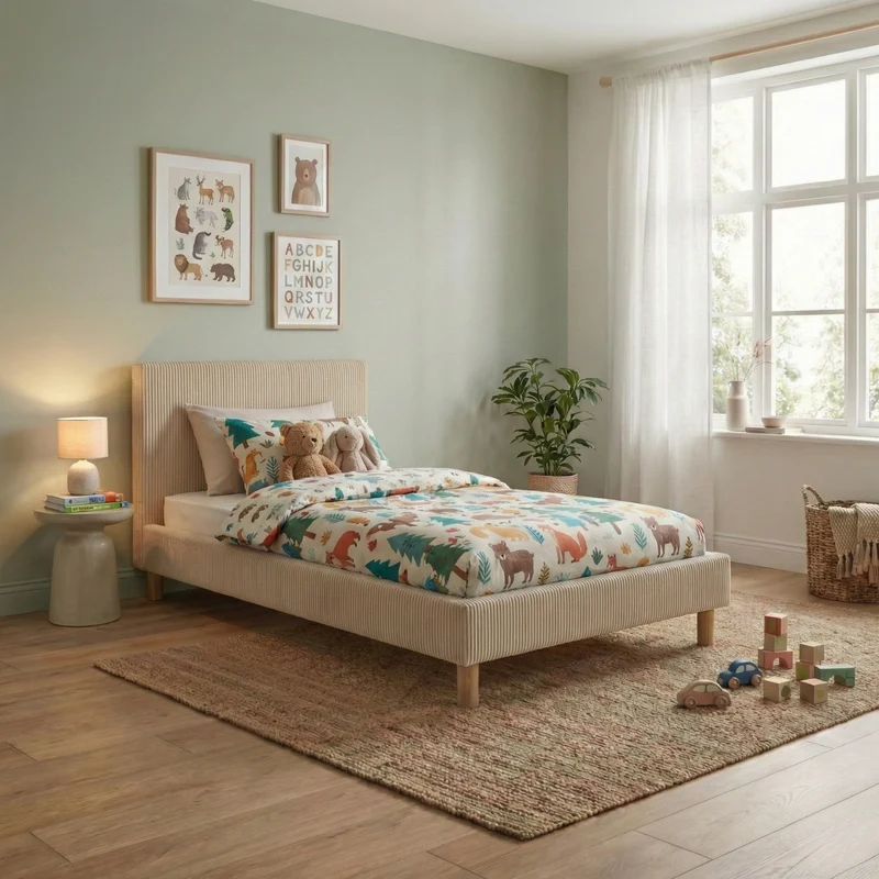Lit enfant en velours côtelé : sommier à lattes et encadrement collection Anastasia
