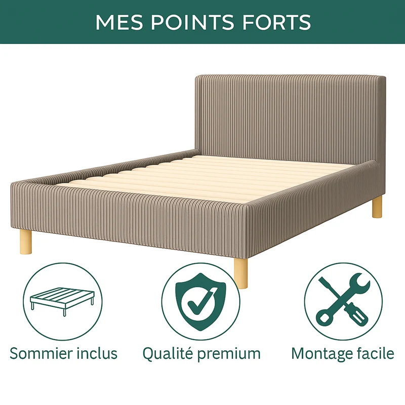 Lit enfant en velours côtelé : sommier à lattes et encadrement collection Anastasia