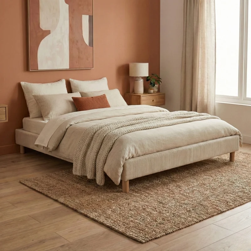 Sommier velours côtelé, cadre de lit, pieds bois, maintien bassin – Collection Deco