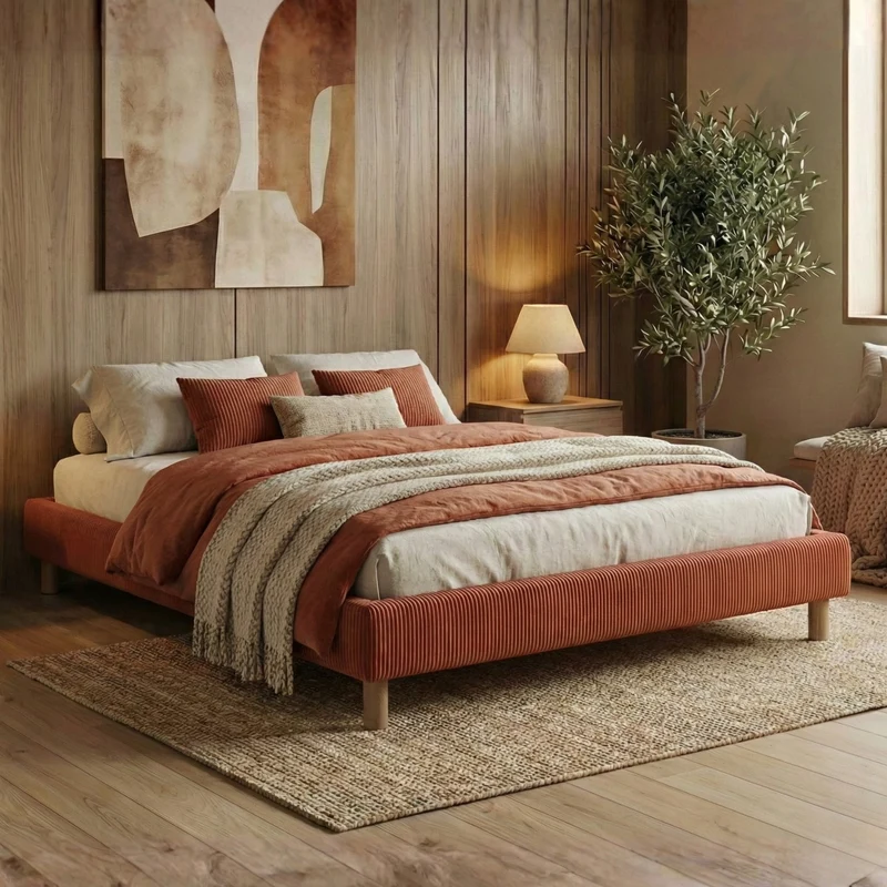 Sommier velours côtelé, cadre de lit, pieds bois, maintien bassin – Collection Deco