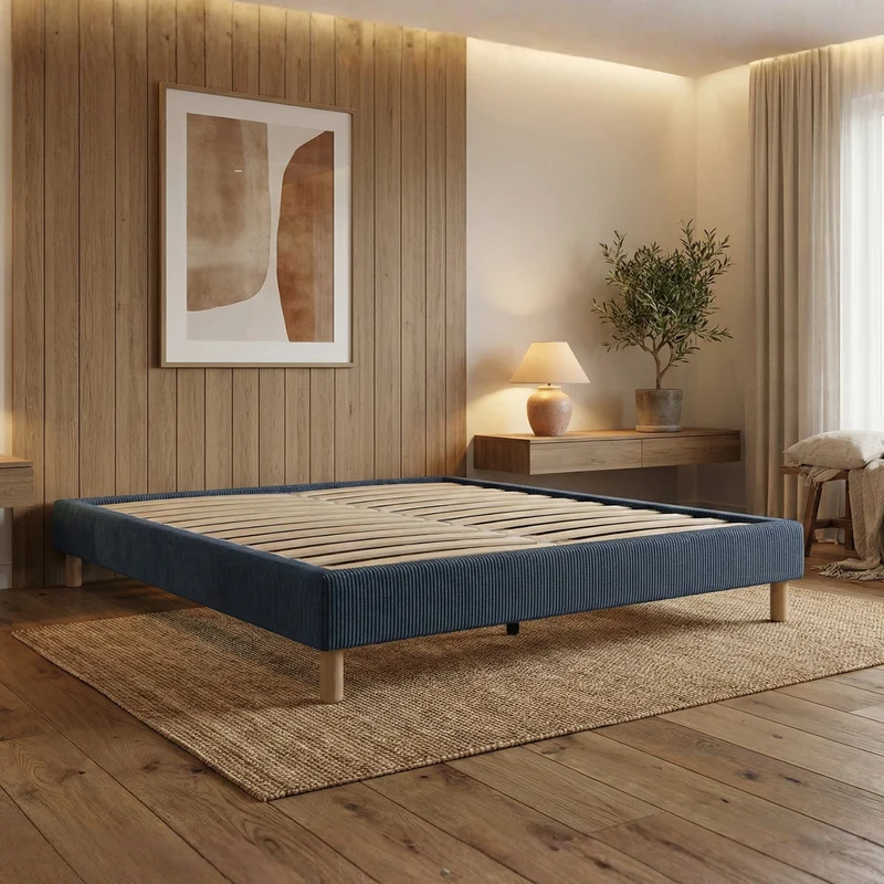 Sommier velours côtelé, cadre de lit, pieds bois, maintien bassin – Collection Deco