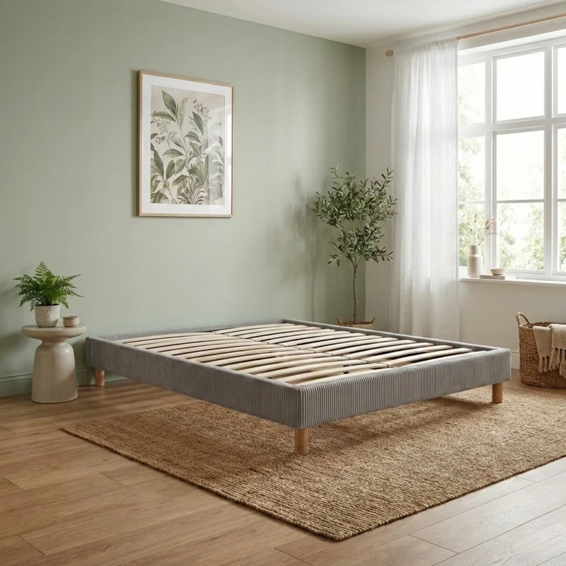 Sommier velours côtelé, cadre de lit, pieds bois, maintien bassin – Collection Deco