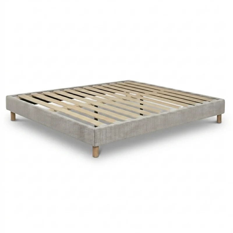 Sommier velours côtelé, cadre de lit, pieds bois, maintien bassin – Collection Deco