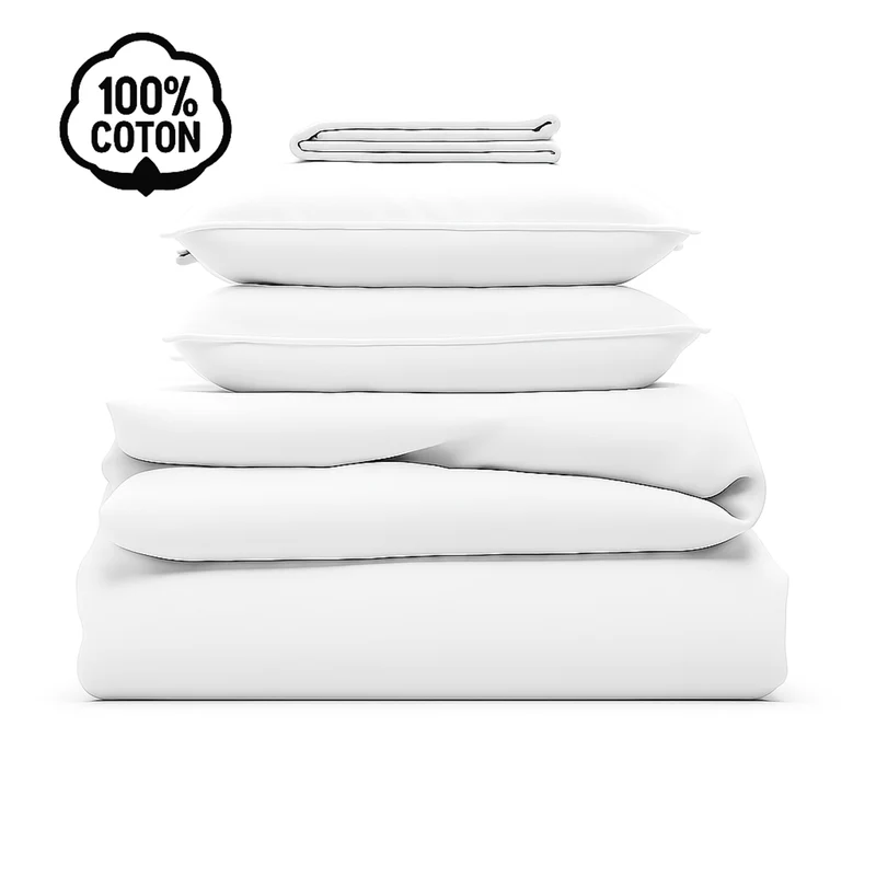 Parure de lit coton blanc, douceur haut de gamme, confort naturel - Collection Coton
