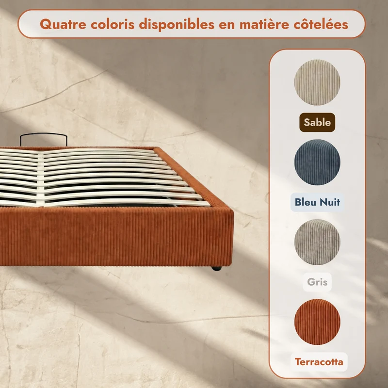 Lit coffre velours côtelé, tête de lit, grand espace de stockage - Collection Versailles