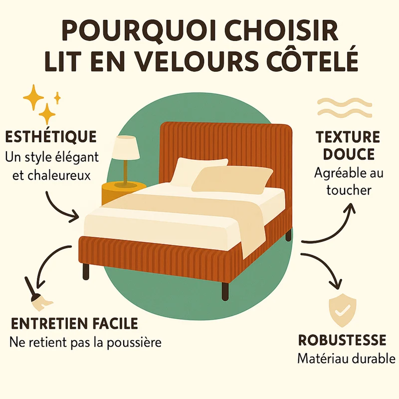 Lit coffre velours côtelé, tête de lit, grand espace de stockage - Collection Versailles
