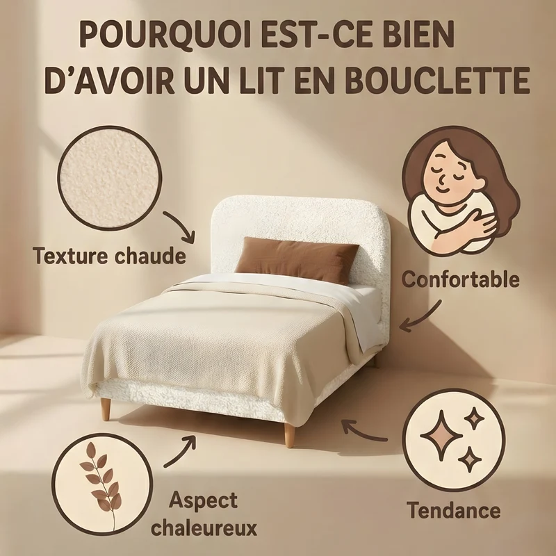 Lit bouclette, tête de lit, sommier à lattes bois - Collection Prince