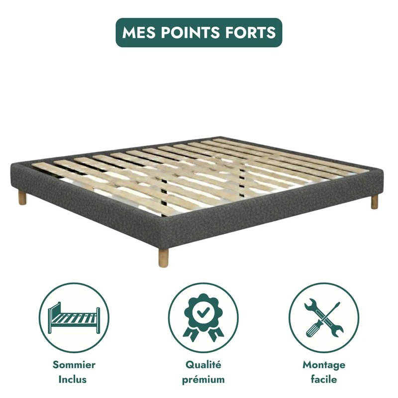 Sommier bouclette, cadre de lit, pieds bois, maintien bassin - Collection Deco