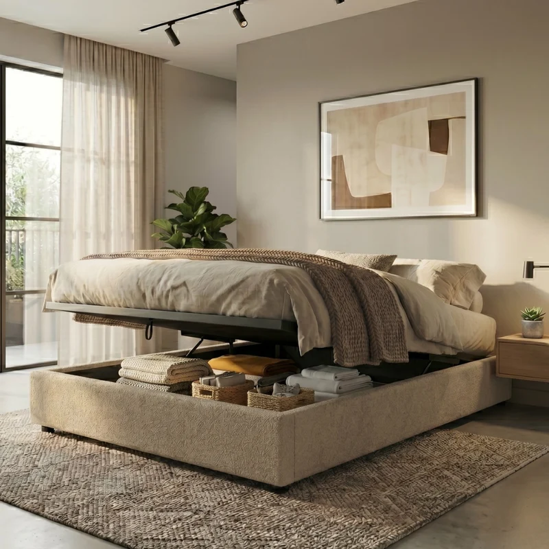 Lit coffre bouclette, lattes flexibles, grand espace de stockage - Collection Vegas