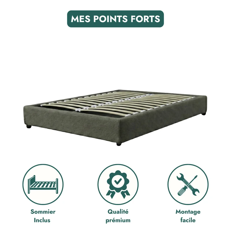 Lit coffre bouclette, lattes flexibles, grand espace de stockage - Collection Vegas