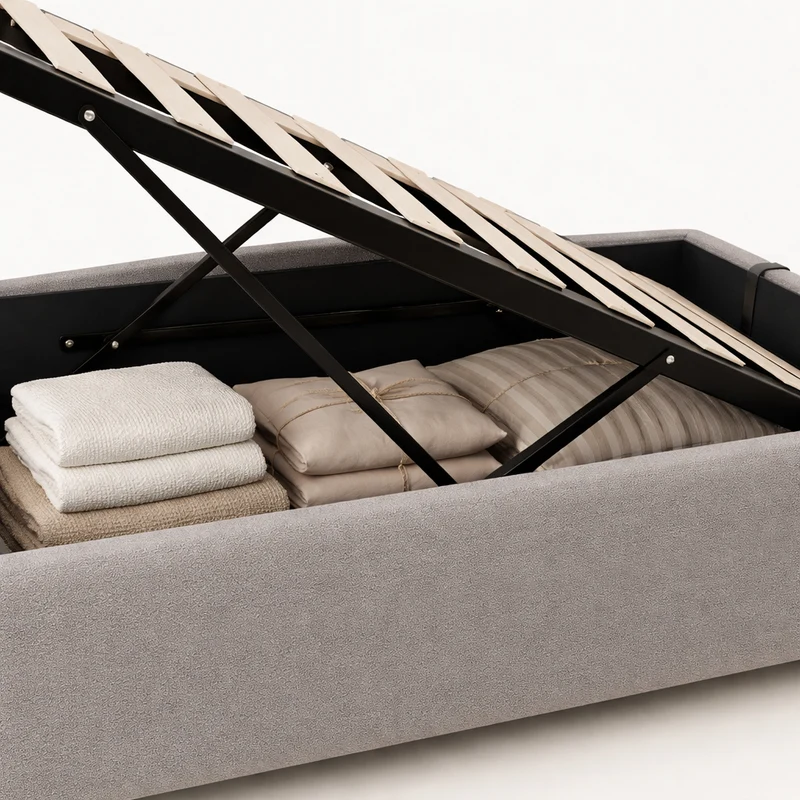 Lit coffre bouclette, lattes flexibles, grand espace de stockage - Collection Vegas