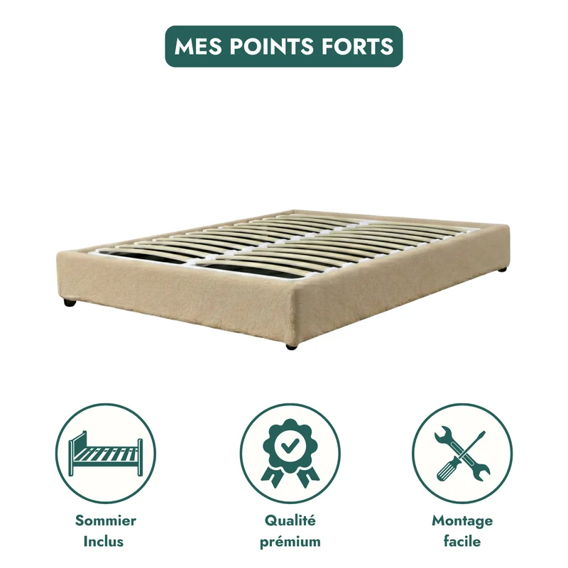 Lit coffre bouclette, lattes flexibles, grand espace de stockage - Collection Vegas