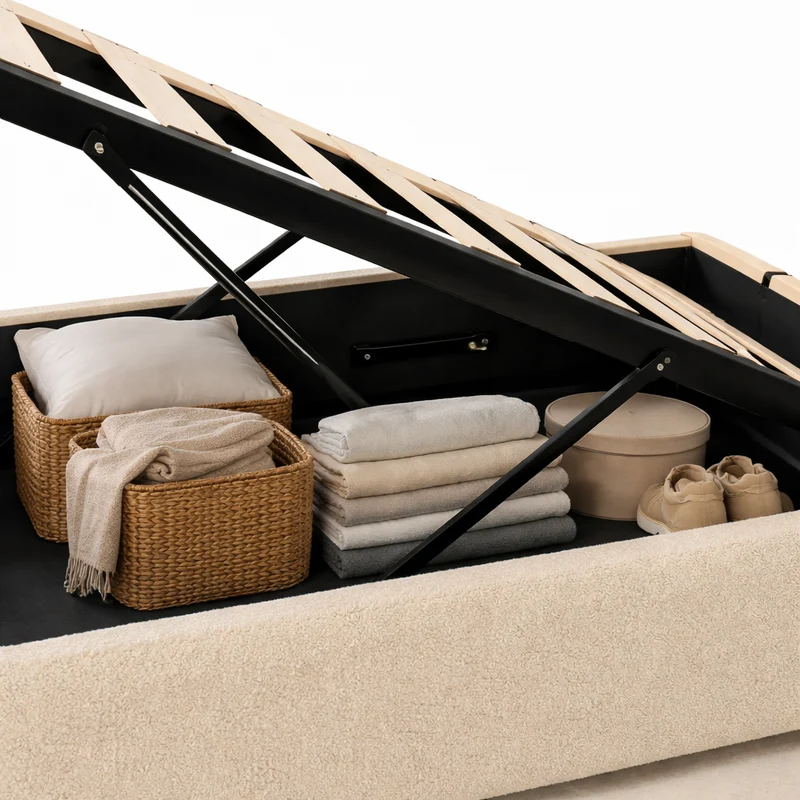 Lit coffre bouclette, lattes flexibles, grand espace de stockage - Collection Vegas