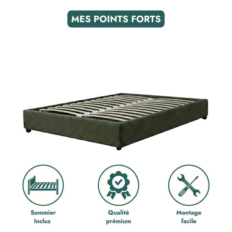Lit coffre bouclette, lattes flexibles, grand espace de stockage - Collection Vegas