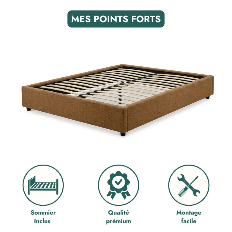 Lit coffre bouclette, lattes flexibles, grand espace de stockage - Collection Vegas