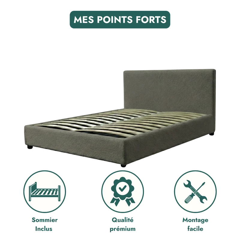 Lit coffre bouclette, tête de lit, grand espace de stockage - Collection Versailles