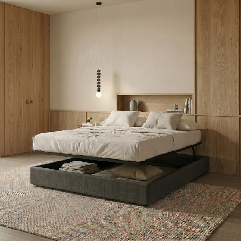 Lit coffre ouverture latérale et frontale tissu gris - Collection Parallèle