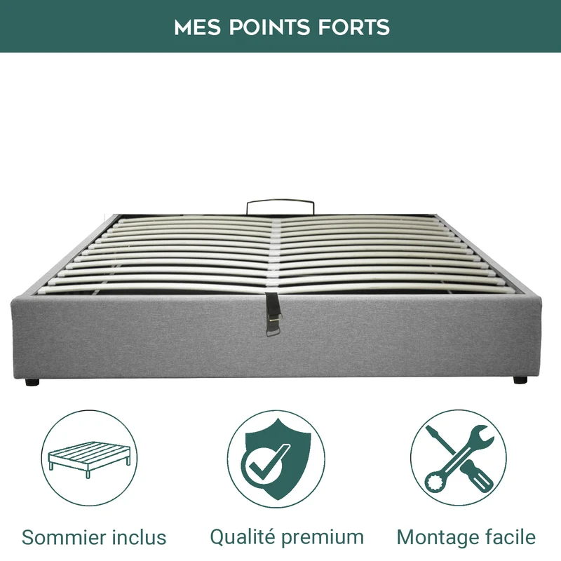 Lit coffre ouverture latérale et frontale tissu gris - Collection Parallèle
