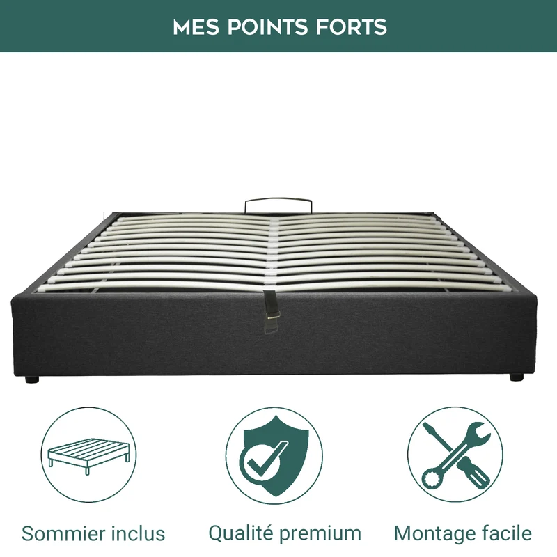 Lit coffre ouverture latérale et frontale tissu gris - Collection Parallèle
