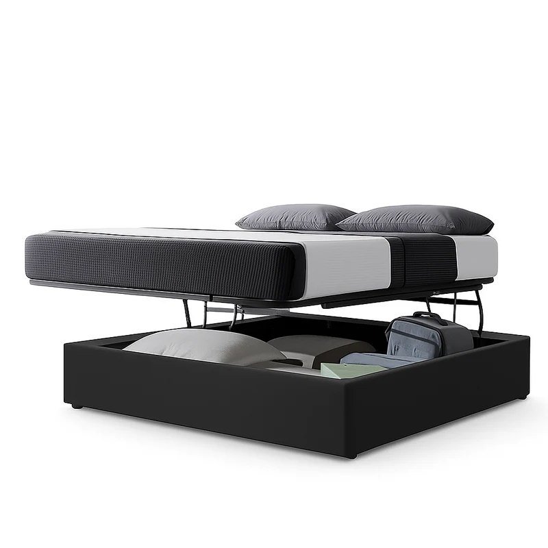 Lit coffre ouverture latérale et frontale tissu gris - Collection Parallèle