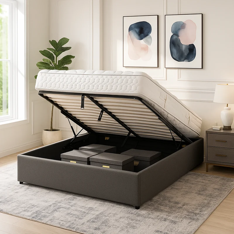 Lit coffre tissu, lattes flexibles, grand espace de stockage - Collection Vegas