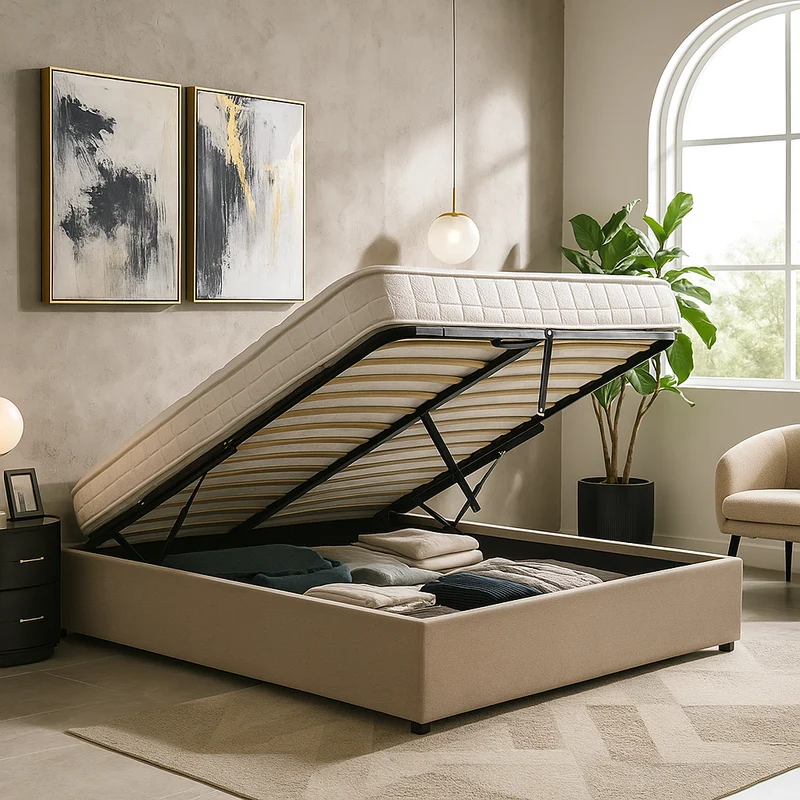 Lit coffre tissu, lattes flexibles, grand espace de stockage - Collection Vegas
