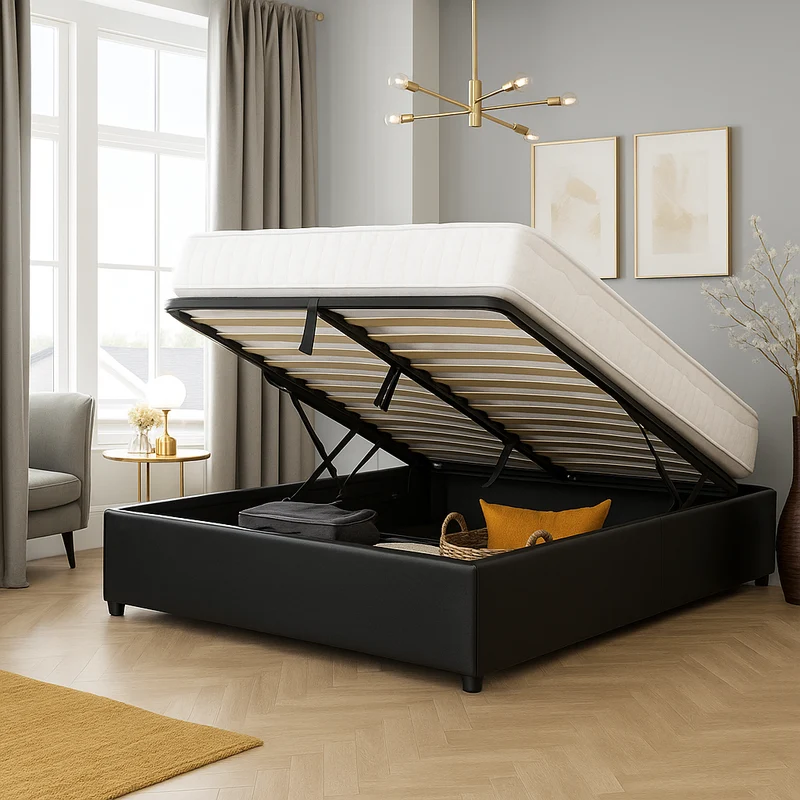 Lit coffre simili cuir, lattes flexibles, grand espace de stockage - Collection Vegas