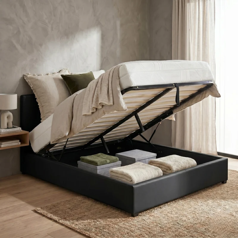 Lit coffre simili cuir, tête de lit, grand espace de stockage - Collection Versailles