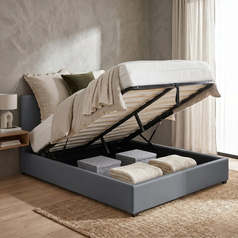 Lit coffre simili cuir, tête de lit, grand espace de stockage - Collection Versailles