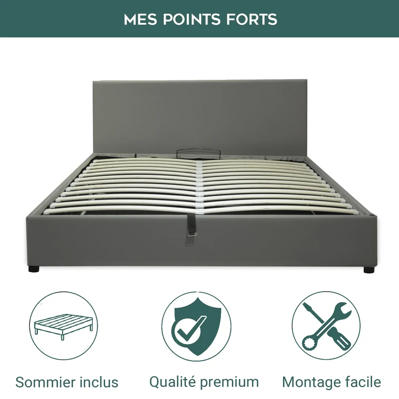 Lit coffre simili cuir, tête de lit, grand espace de stockage - Collection Versailles
