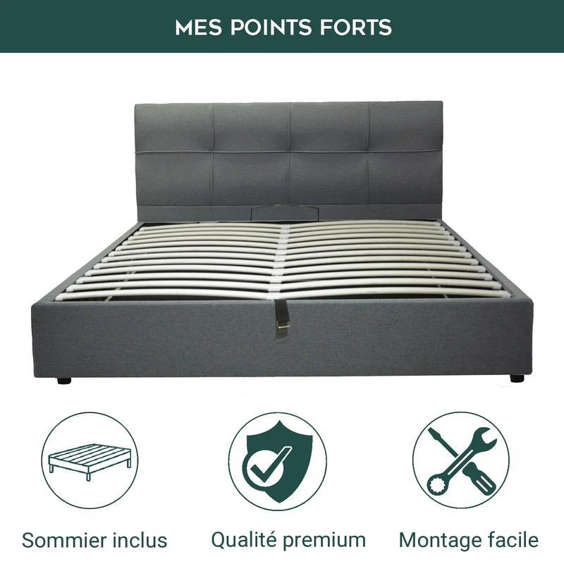 Lit coffre VariLuxe innovant - Tête de lit interchangeable : Tissu et grand coffre