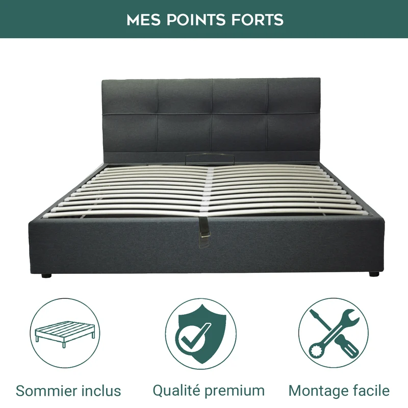 Lit coffre VariLuxe innovant - Tête de lit interchangeable : Tissu et grand coffre