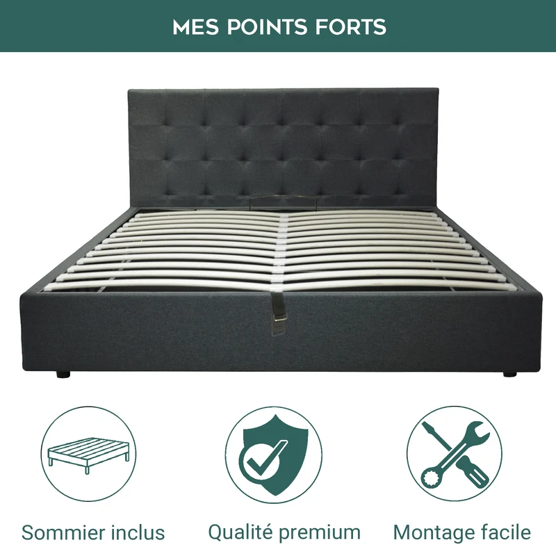 Lit coffre VariLuxe innovant - Tête de lit interchangeable : Tissu et grand coffre