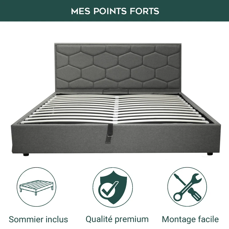 Lit coffre VariLuxe innovant - Tête de lit interchangeable : Tissu et grand coffre