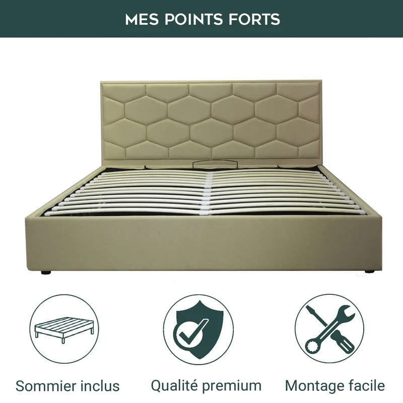 Lit coffre VariLuxe innovant - Tête de lit interchangeable : Tissu et grand coffre