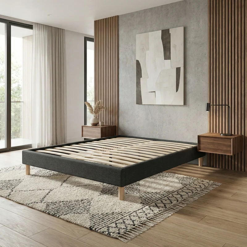 Sommier tissu, cadre de lit, pieds bois, maintien bassin - Collection Deco