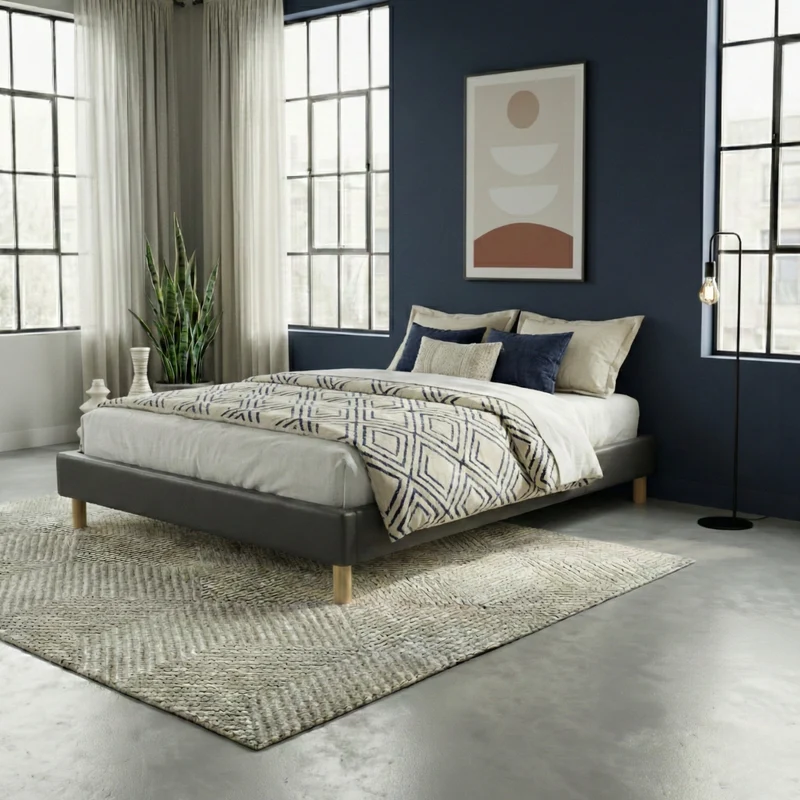 Sommier simili cuir, cadre de lit et pieds bois, maintien bassin - Collection Deco