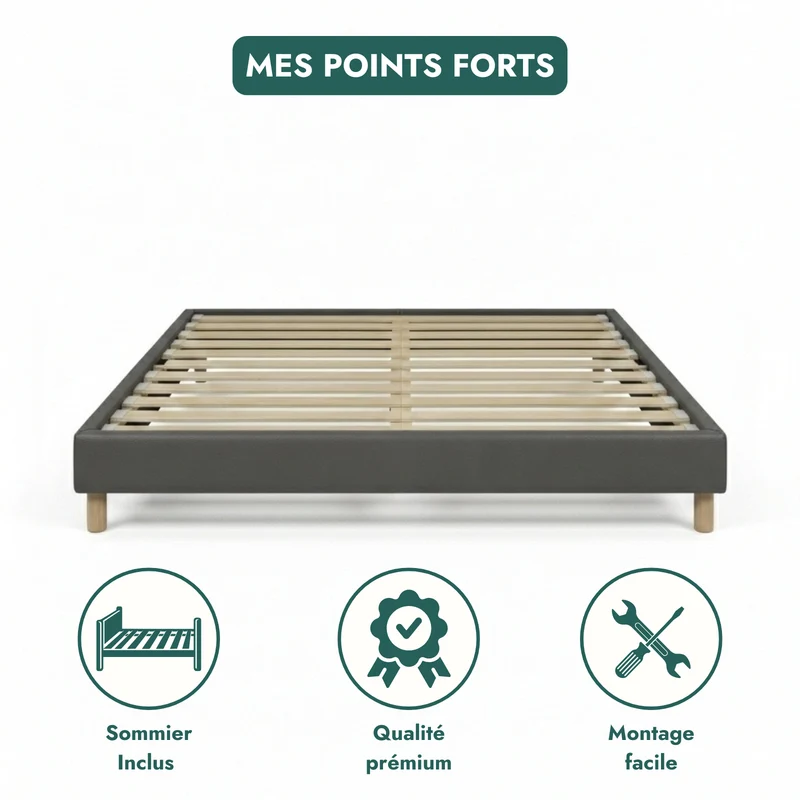 Sommier simili cuir, cadre de lit et pieds bois, maintien bassin - Collection Deco