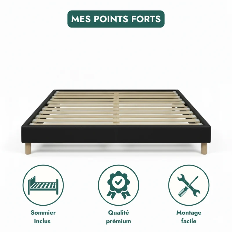 Sommier simili cuir, cadre de lit et pieds bois, maintien bassin - Collection Deco