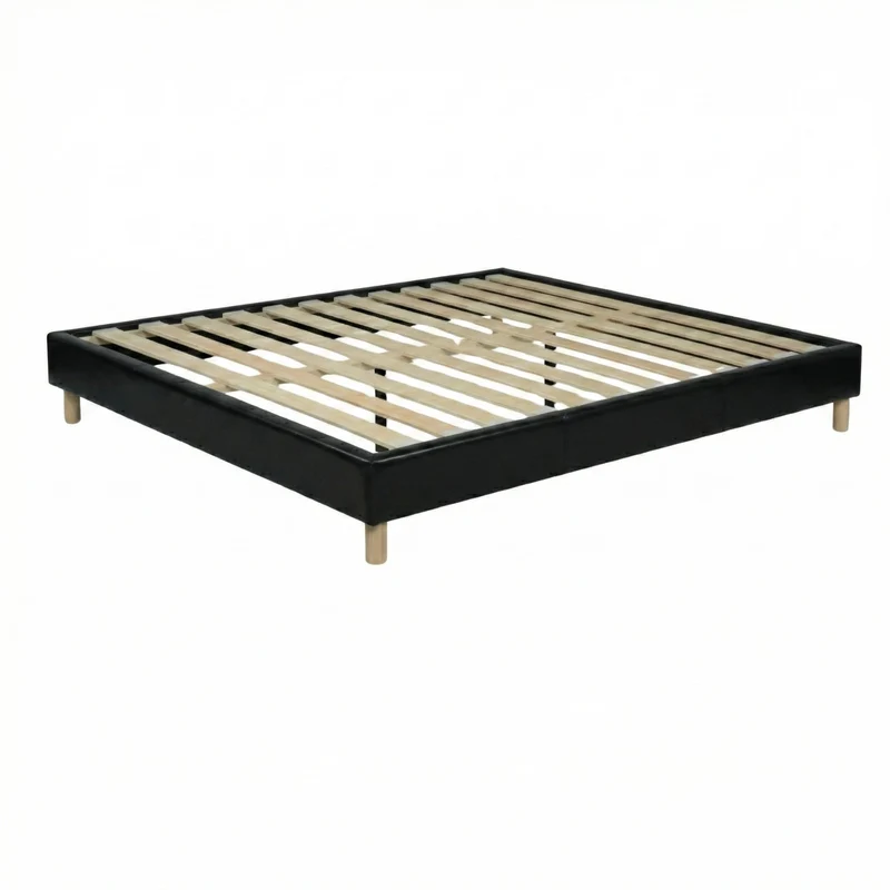 Sommier simili cuir, cadre de lit et pieds bois, maintien bassin - Collection Deco