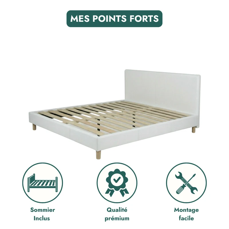 Lit simili cuir, tête de lit, sommier à lattes bois - Collection Prince