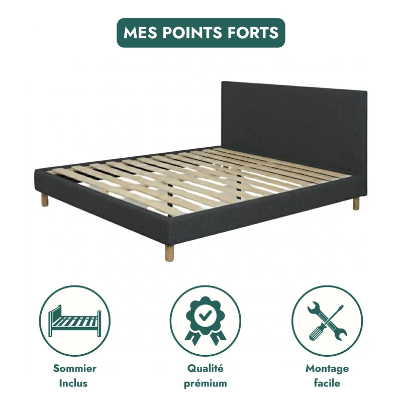 Lit tissu, tête de lit, sommier à lattes bois - Collection Prince