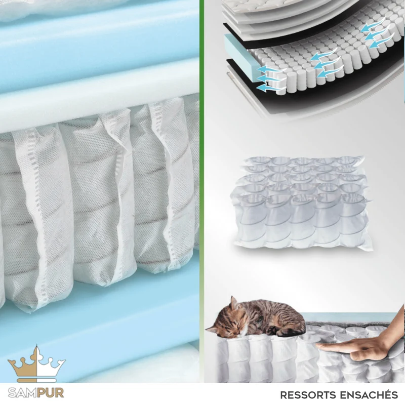 Pack lit, sommier tissu Eva gris clair, matelas bio - Collection Luxury