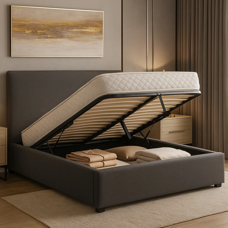 Lit coffre tissu, tête de lit, grand espace de stockage - Collection Versailles